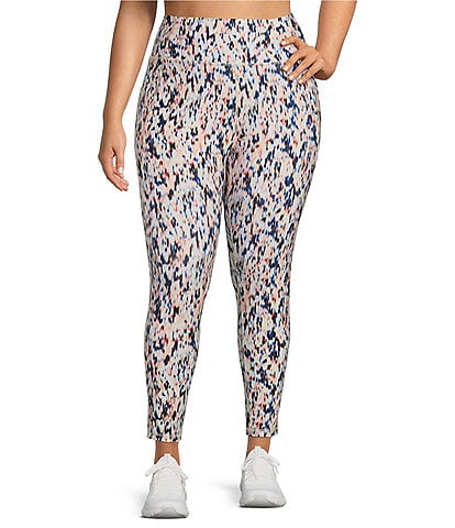 Kinesis Plus Size Abstract Floral Print High Rise Moisture Wicking Coordinating Ankle Leggings