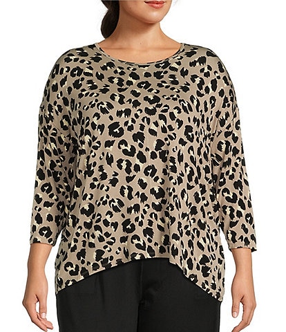 Kinesis Plus Size Knit Jersey Cheetah 3/4 Sleeve Drop Shoulder Perfect Tee