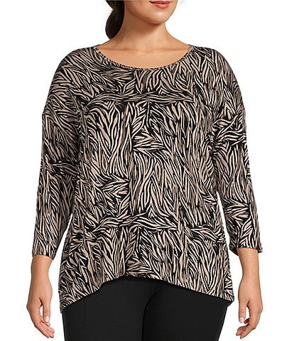 Kinesis Plus Size Knit Jersey Swirl Print 3/4 Sleeve Drop Shoulder High-Low Rounded Hem Perfect Tee