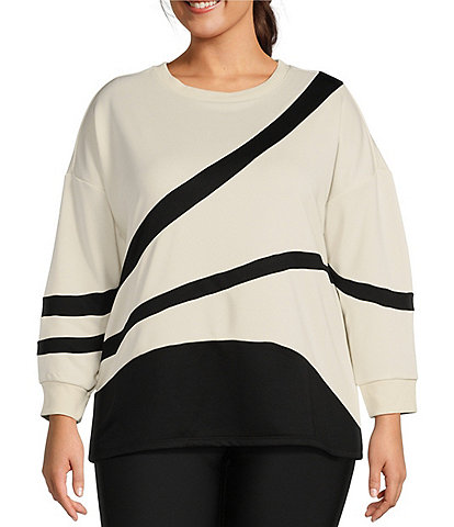 Kinesis Plus Size Piece Striped Crew Neck Drop Shoulder Long Sleeve Sweatshirt