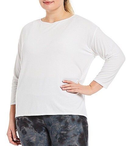 Kinesis Plus Size Solid Boat Neck 3/4 Sleeve High-Low Perfect Tee