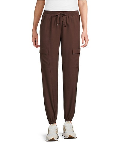 Kinesis Woven Elastic Cinched Cuff Ribbed Waistband Flap Pocket Ankle Joggers