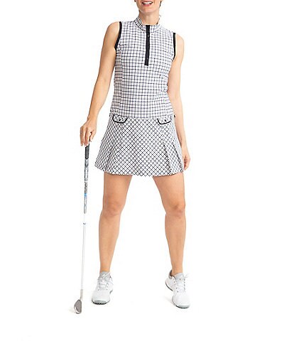Kinona Mic Drop Plaid Print Mock Neck Sleeveless Flap Pocket Snap Front Mini Golf Dress