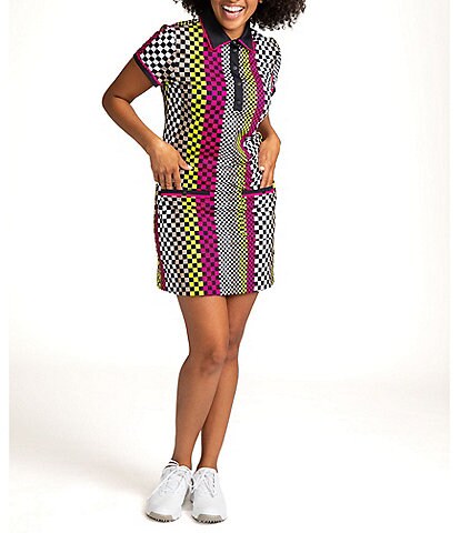 Kinona Play Through Check Print Point Collar Short Sleeve Side Pocket Snap Front Golf Dress