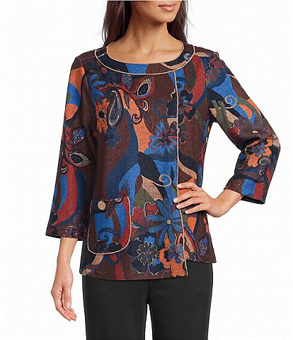 Knit Floral Abstract Multi Print Round Neck 3/4 Sleeve Asymmetric Side Hem Top