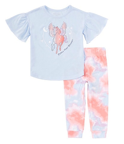 Komar Kids Little/Big Girls 4-12 Short Sleeve Unicorn Graphic Pajama Top & Allover Printed Leggings Set