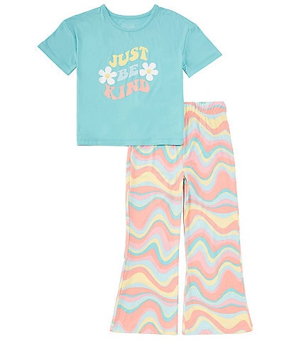Komar Kids Little/Big Girls 4-16 Short Sleeve Just Be Kind Pajama Top & Wide-Leg Wavy Stripe Pajama Pant Set