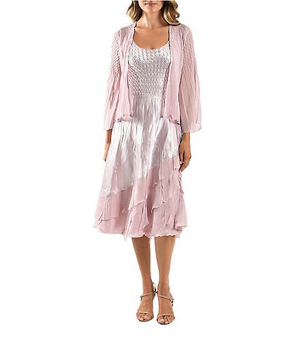 Komarov Beaded Scoop Neck Satin Charmeuse and Chiffon Mixed Media A-line Midi Jacket Dress