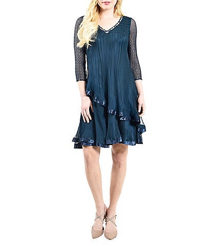Komarov Beaded V-Neck 3/4 Sleeve Cascading Ruffle Chiffon Dress