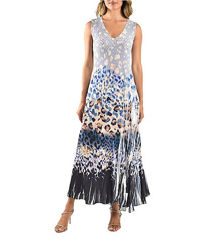 Komarov Charmeuse Chiffon Animal Print V-Neck Sleeveless Sheath Maxi Dress