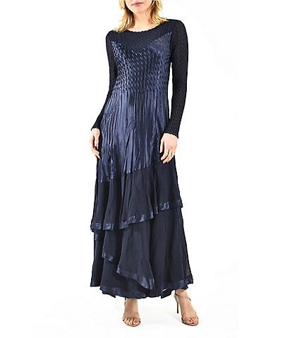 Komarov Charmeuse Chiffon Beaded Round Neck Long Sleeves Accordion Pleated Tiered Hem A-Line Dress