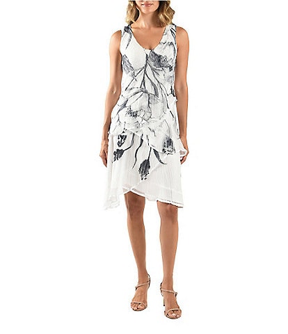 Komarov Charmeuse Chiffon Floral Print V-Neck Sleeveless Ruffle Sheath Mini Dress
