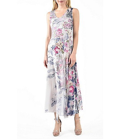 Komarov Charmeuse Chiffon Floral Print V-Neckline Sleeveless Midi Dress