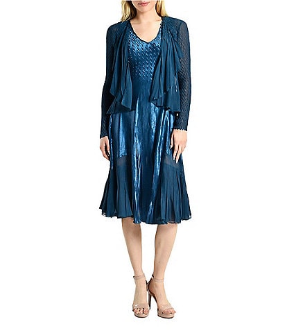 Komarov Charmeuse Chiffon Round Neck Long Sleeve Ruffle Front Two-Piece Jacket Dress