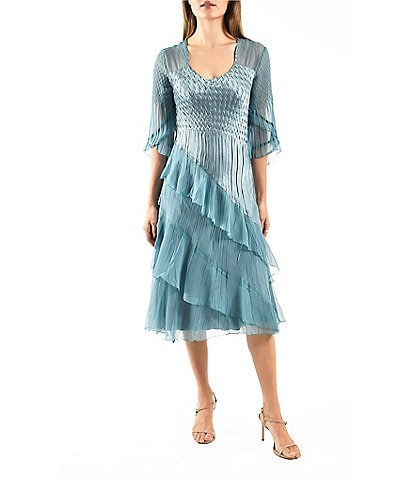 Komarov Charmeuse Chiffon Tulip Sleeve Tiered Diagonal Hem Fit & Flare Dress