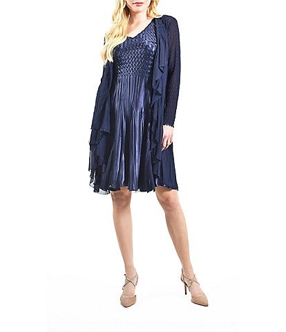 Komarov Charmeuse Chiffon V-Neck 3/4 Sleeve Ruffle Cascade Two Piece Jacket Dress
