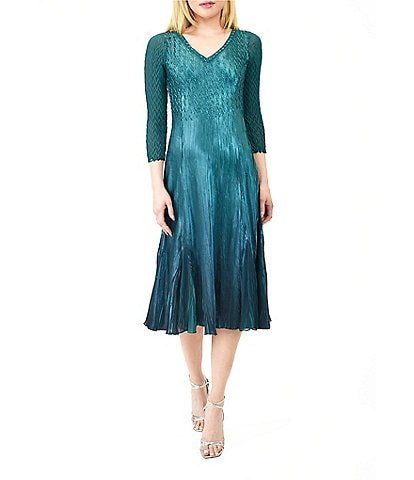 Komarov Charmeuse Chiffon V-Neck 3/4 Sleeves Beaded Trim Fit & Flare Dress