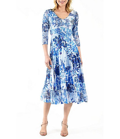 Komarov Charmeuse Floral Print Lace Insert V-Neck 3/4 Sleeve Pleated A-Line Dress