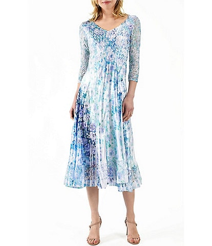 Komarov Charmeuse Floral Print V-Neck Lace 3/4 Sleeve Lace Hem Dress