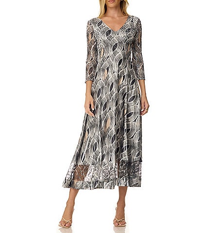 Komarov Charmeuse Lace 3/4 Sleeve Printed Pleated Midi Dress