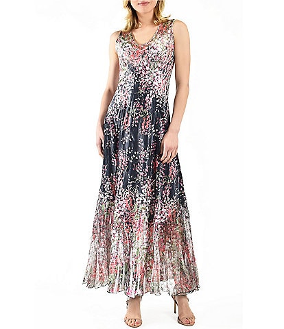 Komarov Charmeuse Lace Floral Print Scoop Neck Sleeveless Lace Up Back Pleated Dress