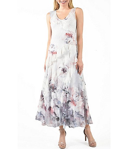 Komarov Charmeuse Pleated Floral Ruffle V-Neck Sleeveless A-Line Dress