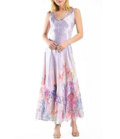 Komarov Charmuese Pleated Floral Print Scoop Neck Sleeveless Lace Up Back Maxi Dress