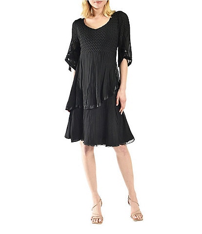 Komarov Chiffon Charmeuse Accordion Pleated V-Neck Elbow Sleeve Asymmetrical Tiered Dress