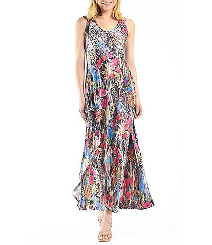 Komarov Chiffon Charmeuse Pleated V-Neck Sleeveless Maxi Dress