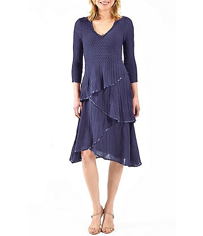 Komarov Chiffon Charmeuse Pyramid Pleated V-Neck 3/4 Sleeve Asymmetrical Tiered Dress