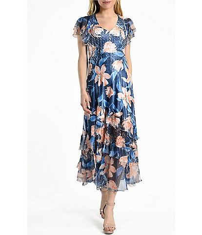Komarov Chiffon Floral Print Scoop Neck Flutter Sleeve Lace Tiered Ruffle Hem Midi Dress