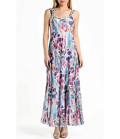 Komarov Chiffon Floral Print Scoop Neck Sleeveless Shawl Insert Lace Back Maxi Dress