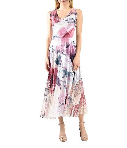 Komarov Floral Charmeuse Lace V-Neck Sleeveless Fit & Flare Midi Dress
