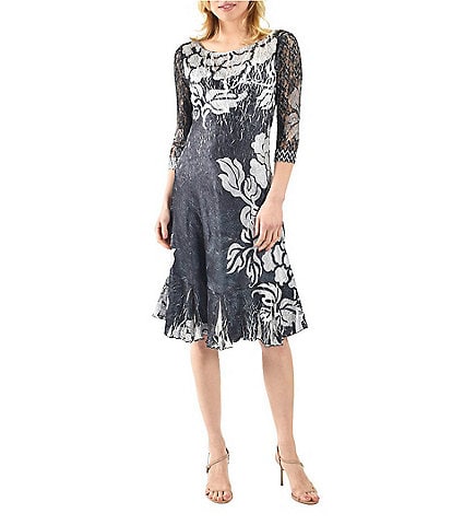 Komarov Floral Print Charmeuse Lace Boat Neck 3/4 Illusion Sleeve A-Line Dress