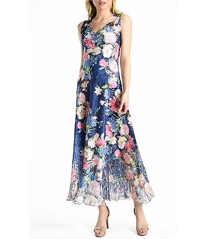 Komarov Floral Print Charmeuse V-Neck Sleeveless Lace Detail Maxi Dress
