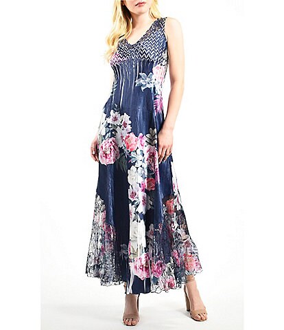 Komarov Floral Print Pleated Lace-Up Back Midi Dress
