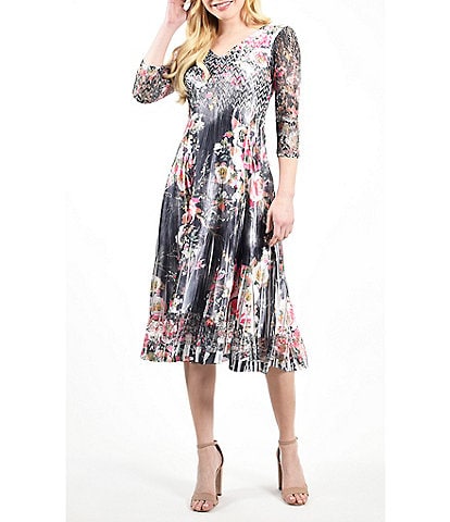 Komarov Floral Print Pleated V-Neck 3/4 Lace Sleeve Charmeuse Midi Dress