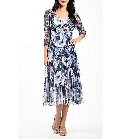 Komarov Floral Print Pleated V-Neck 3/4 Sleeve A-Line Dress