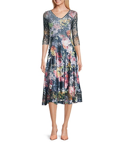 Komarov Floral Print V-Neck 3/4 Lace Sleeve Midi Dress
