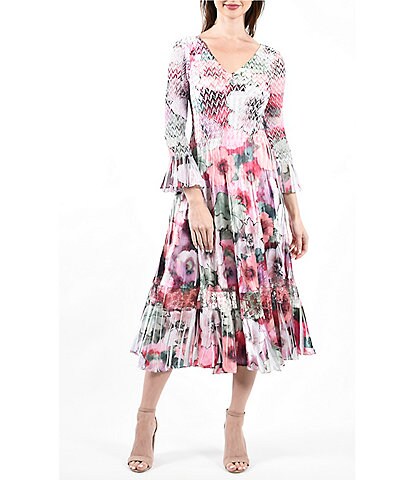 Komarov Floral Print V-Neck 3/4 Sleeve Tiered Ruffle Hem Midi Dress