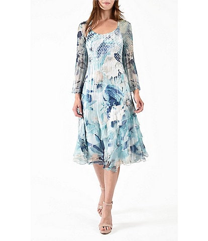 Komarov Floral Scoop Neckline Long Sleeve Pleated Charmeuse Dress