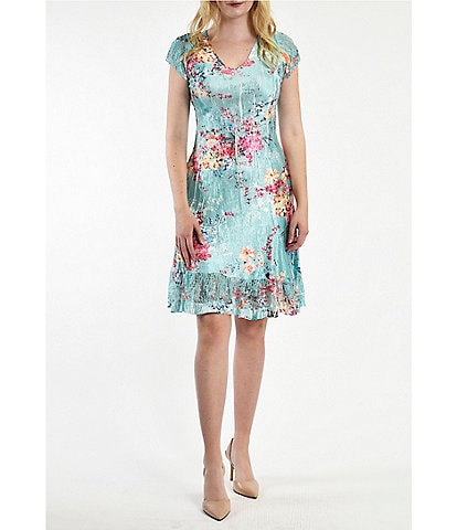 Komarov Floral Print V-Neck Short Sleeve A-Line Dress