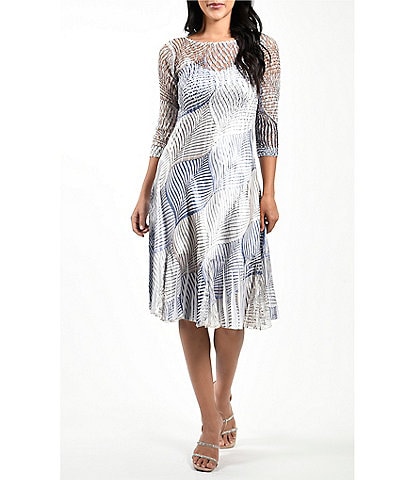 Komarov Illusion Jewel Neck 3/4 Sleeve A-Line Dress