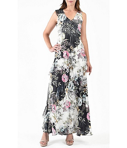 Komarov Lace Floral Pleated Charmeuse V-Neck Sleeveless Asymmetrical Ruffle Dress