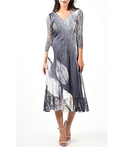 Komarov Lace Pleated V-Neck 3/4 Sleeve Dress