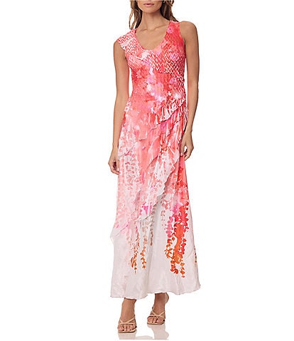 Komarov Long Printed Dress With Cascading Ruffle