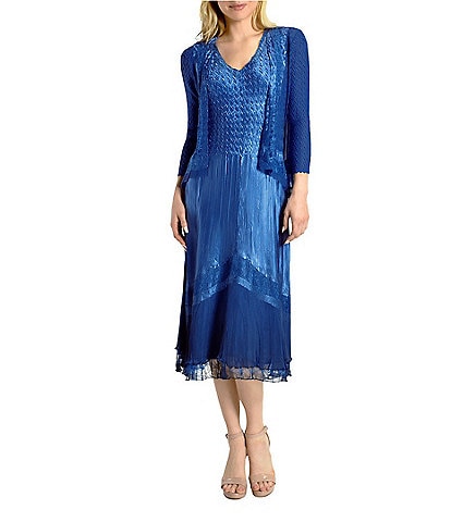 Komarov Mixed Media Beaded Trim V-Neck 3/4 Sleeve Two-Piece Jacket Dress