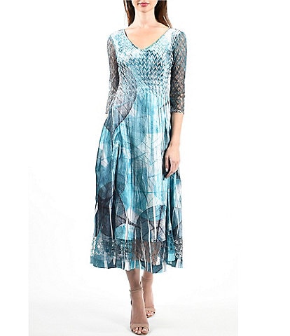 Komarov Pleated Charmeuse V neckline Lace 3/4 Sleeve Dress