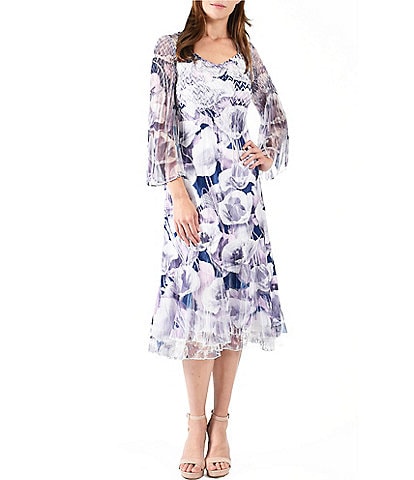Komarov Pleated Floral V-Neck 3/4 Wide Chiffon Sleeve Layered Hem Dress