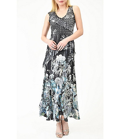 Komarov Pleated Floral V-Neckline Cascading Ruffle Sleeveless Dress